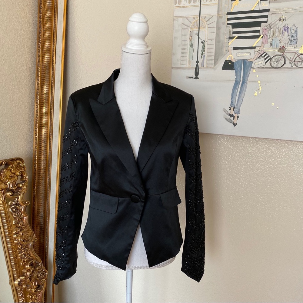 Chelsea & Violet Black Satin Blazer with Beaded Sleeves